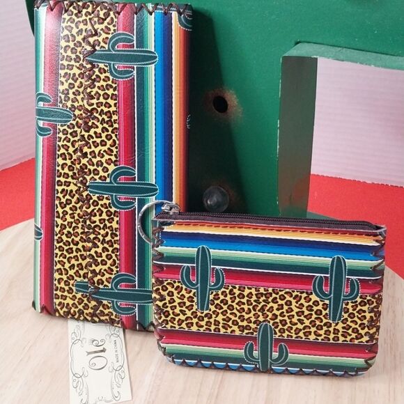 Cheetah Print Saguaro Cactus Wallet Set Cardholder ID Credit Card Coin Purse - Picture 2 of 12